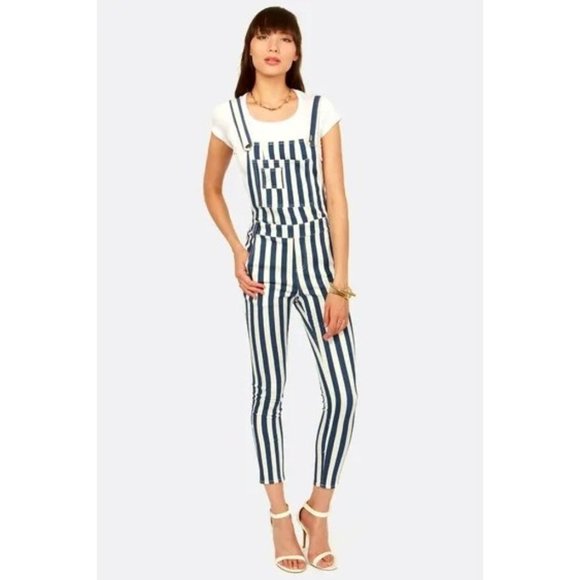 Akira Chicago Womens Striped Jumpsuit Stretch Pockets White Blue Size Large - Picture 1 of 11